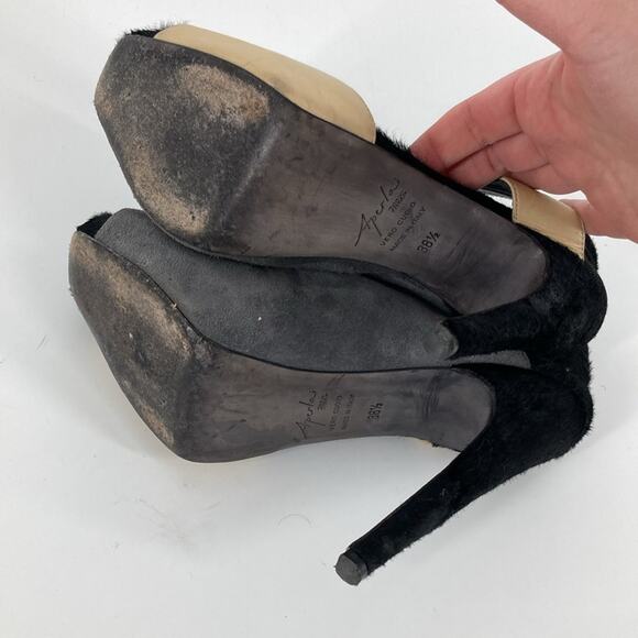 Aperlai Paris Womens Black Gray Tan Leather Pony Peep Toe Heels Size 38 1/2 - Picture 15 of 16